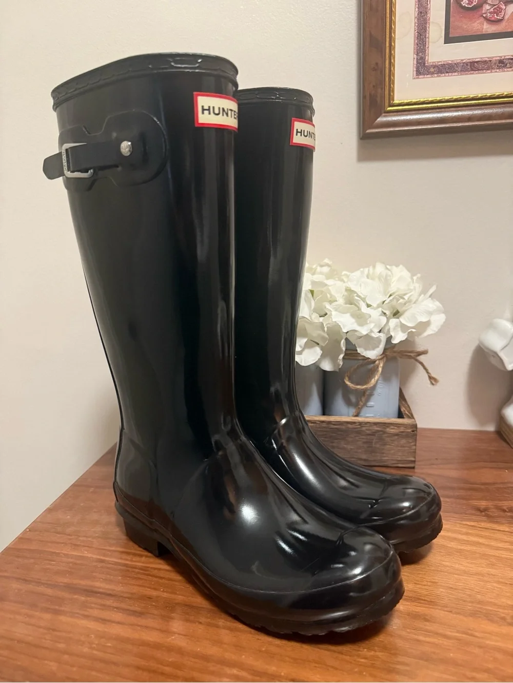 Hunter Kids Black Gloss Tall Rain Boots girls size 6